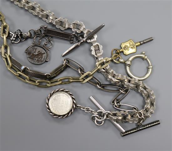 Two white metal albertinas including niello and two other metal alberts, one with intaglio spinning fob.